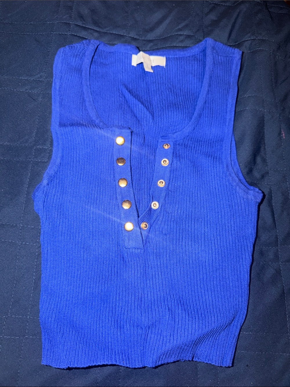 Love Tree Royal Blue Ribbed Tank with Gold Buttons